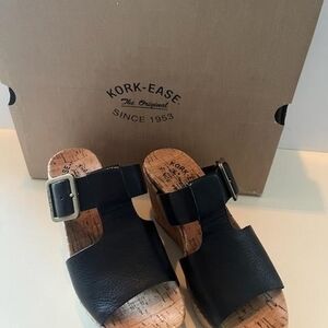 Kork-Ease Andi Black Leather Slide Sandals Wedges Size 6